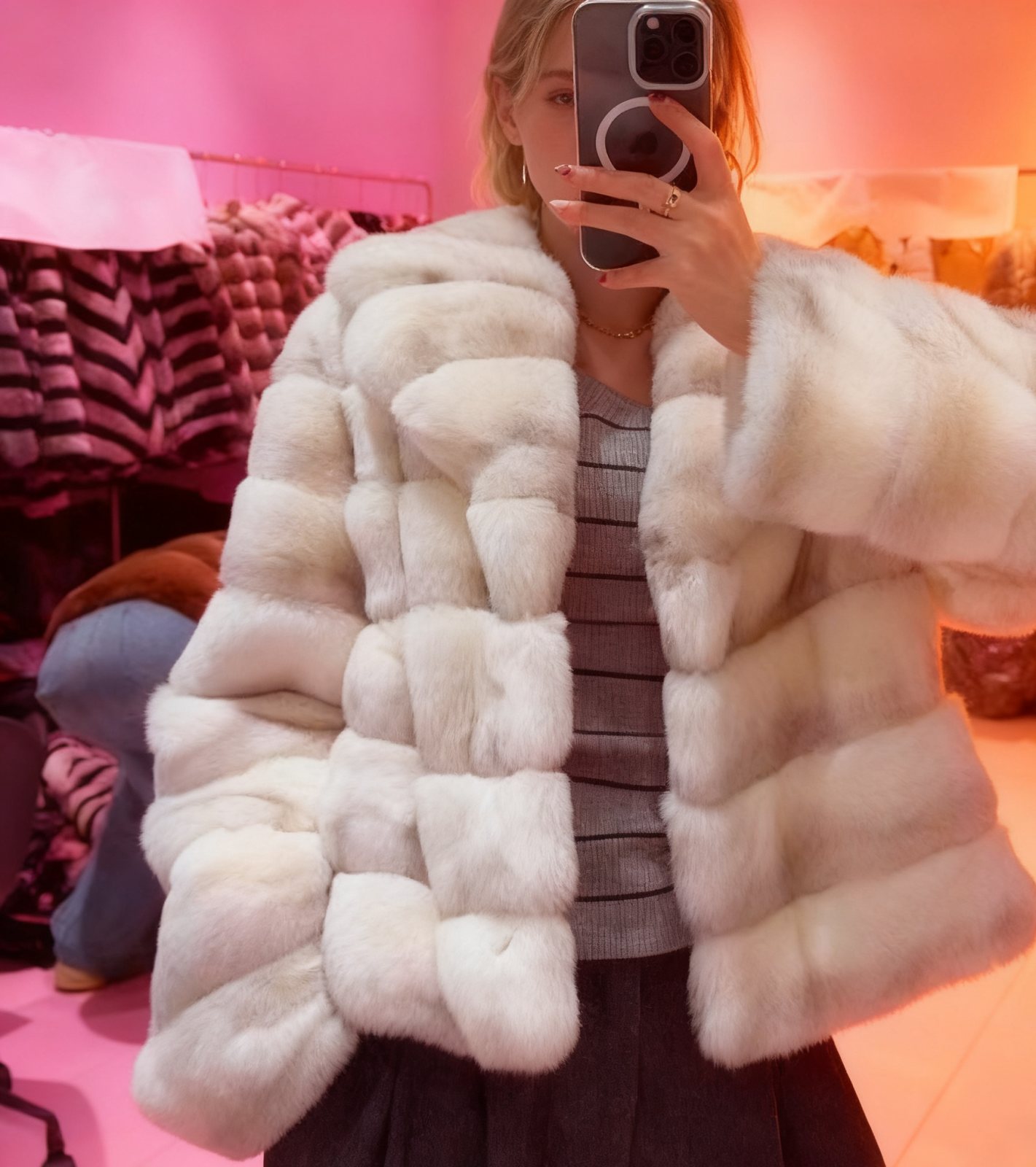 Model wearing cropped mink jacket