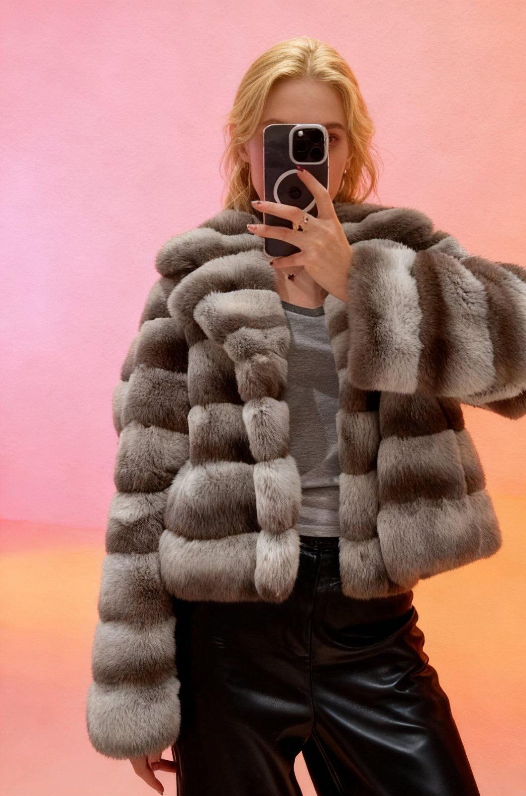 Editorial full-length mink coat on model